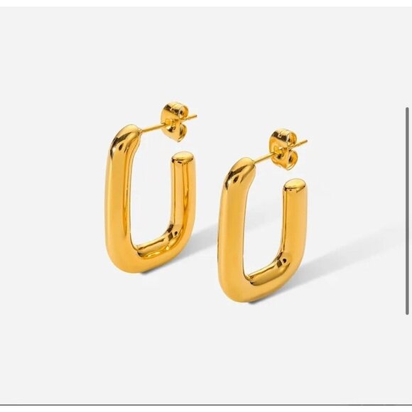 18K Gold Geometric Hoop Earrings, Stud Earrings, Women Earrings - Picture 2 of 6